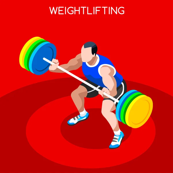 Podnoszenie ciężarów lato gry ikona zestaw. 3D Isometryczny Weightlifter sportowiec. Sporting Championship międzynarodowy konkurs. Sport Infografika atletyczna podnoszenie ciężarów ilustracja — Wektor stockowy