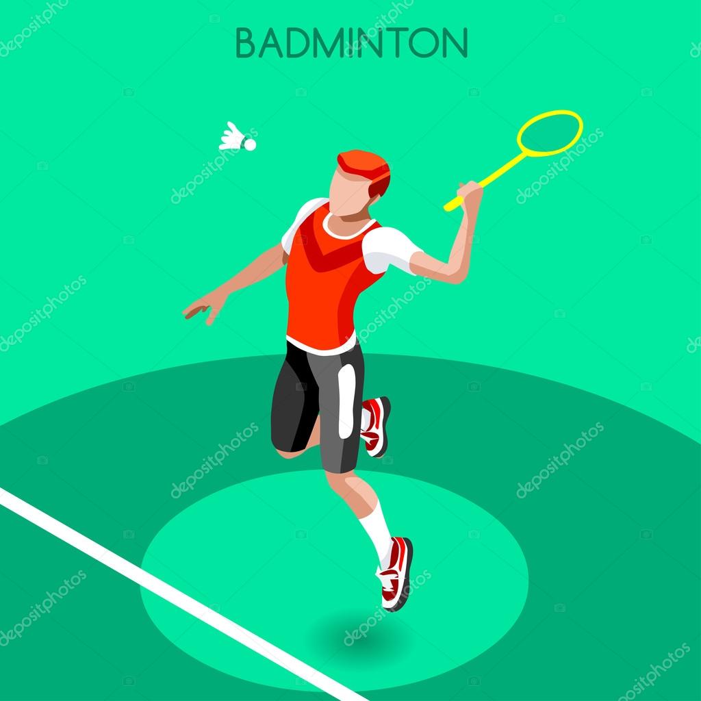 Badminton Player Summer Games Icon Set.3D Isometric Badminton Player