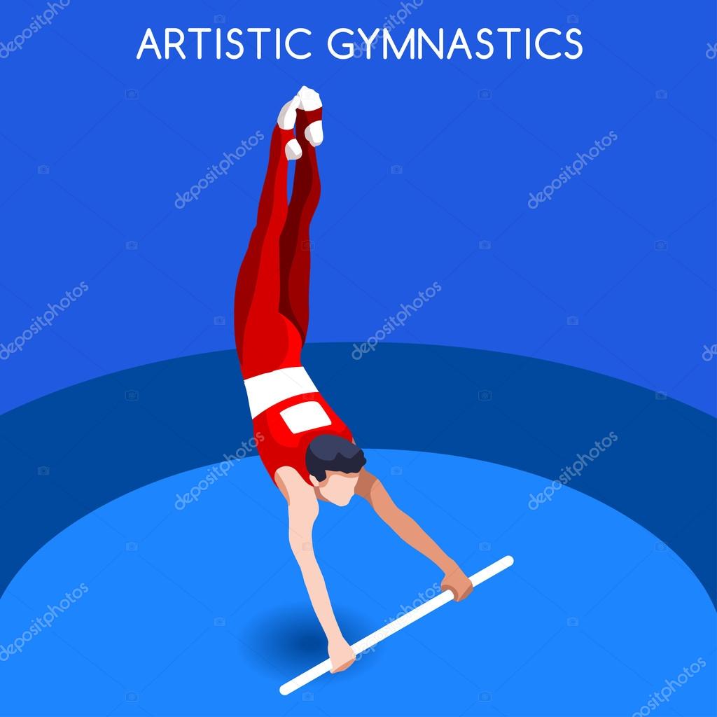 Artistic Gymnastics High Bar Summer Games Icon Set.3D Isometric Gymnast.Sporting Championship International Competition.Sport Infographic Artistic Gymnastics Vector Illustration