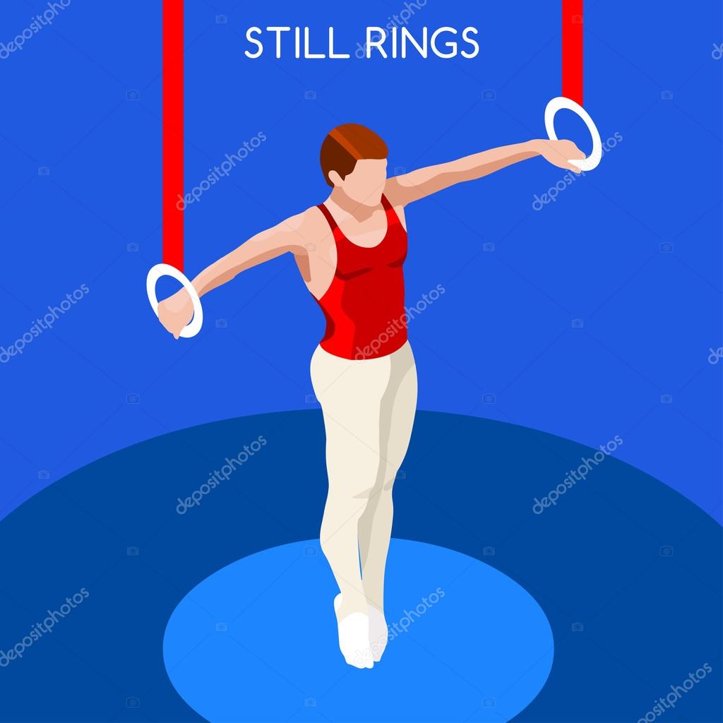 Gymnastics Still Rings Summer Games Icon Set.3D Isometric Gymnast.Sporting Championship International Competition.Sport Infographic Artistic Gymnastics Vector Illustration