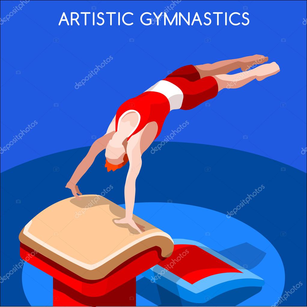 Artistic Gymnastics Vault Summer Games Icon Set.3D Isometric Gymnast.Sporting Championship International Competition.Sport Infographic Artistic Gymnastics Vector Illustration