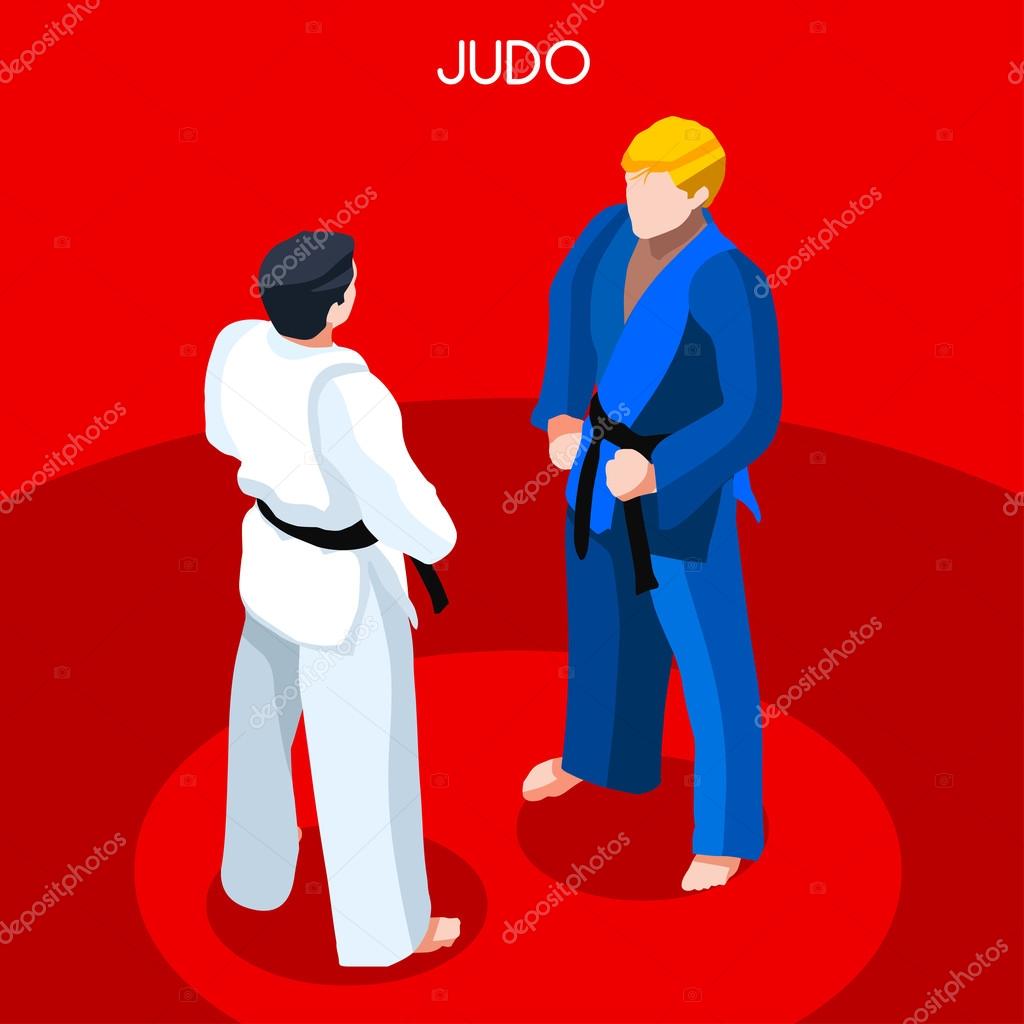 Judo Summer Games Icon Set.3D Isometric Athlete.Sporting Championship International Martial Art Competition.Sport Infographic Judo Vector Illustration