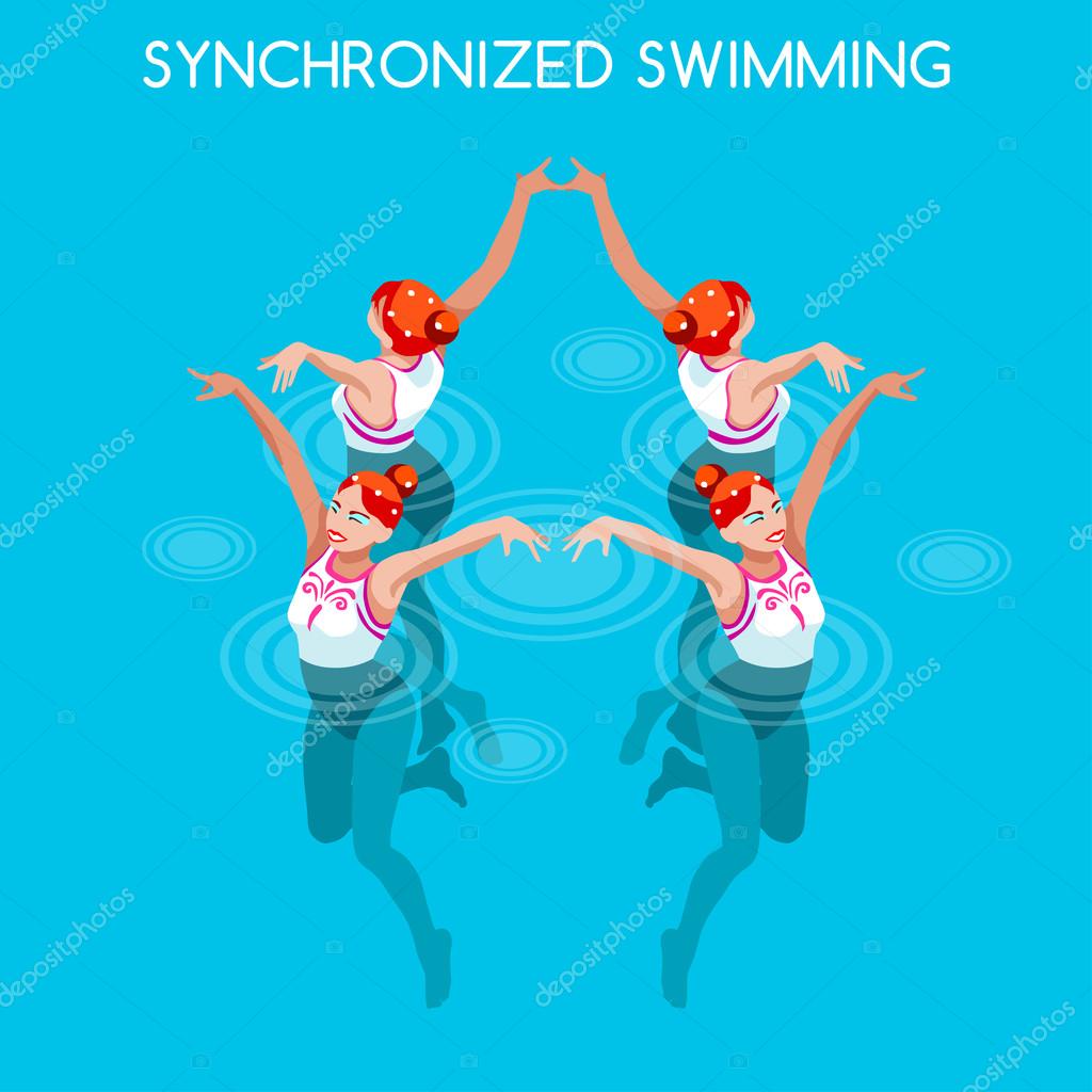 Synchronized Swimming Summer Games Icon Set.3D Isometric Swimmer Team.Water Dance Swimming Sporting International Competition.Sport Infographic Synchronized Swimming Vector Illustration.