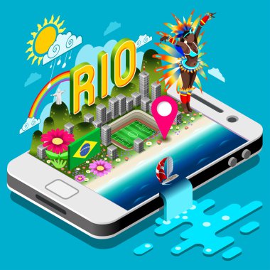 Olimpiyat Rio Brasil 2016 Brasil Rio Yaz Oyunları Infographic.Sport Olay Smartphone veya Tablet Device.Landmarks İşaretler ve Semboller Futbol Sahası Karnaval Brezilya Bayrak.3d İzometrik