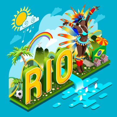 Olimpiyat Rio Brasil 2016 Brasil Rio Yaz Oyunları Infographic.Sport Olay Smartphone veya Tablet Device.Landmarks İşaretler ve Semboller Futbol Sahası Karnaval Brezilya Bayrak.3d İzometrik