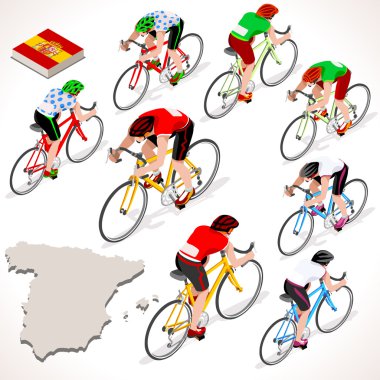 Vuelta de Espana İspanya yarış bisikletçi grup bisiklet yolu sürme. Vektör bisikletçi simgesi. Bisikletçi simgeleri. Vektör bisikletçi ve bisiklet simgeleri Düz 3d İzometrik insanlar kümesi. İyometrik bisiklet yarışı