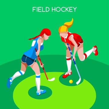 Field Hockey Kız Oyuncu Yaz Oyunları Simge Set.3d İzometrik Field Hockey.Sporting Championship Uluslararası Kadın Çim Hokeyi Yarışması.Sport Infographic Field Hockey