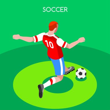 Futbol Forvet Oyuncu Atlet Yaz Oyunları Simge Set.3d İzometrik Field Soccer Maç ve Players.Sporting Uluslararası Rekabet Şampiyonası.Spor Futbol Infographic Futbol 