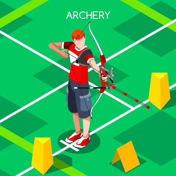 Tiro com arco Jogador Jogos de Verão Ícone Set.3D Isometric Archery Player.Sporting Championship International Archery Competition.Sport Infographic Archery — Vetor de Stock