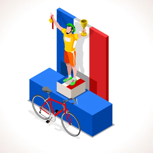 Περιοδεία της Γαλλίας αγωνιστικά νικητής ποδηλάτης. Εικονίδιο ποδηλασίας διανύσματος. Εικόνες ποδηλάτης. Επίπεδη 3D Ισομετρικά άτομα σύνολο των εικόνων διανυσματικών ποδηλατών. Ισομετρικό ποδήλατο — Διανυσματικό Αρχείο