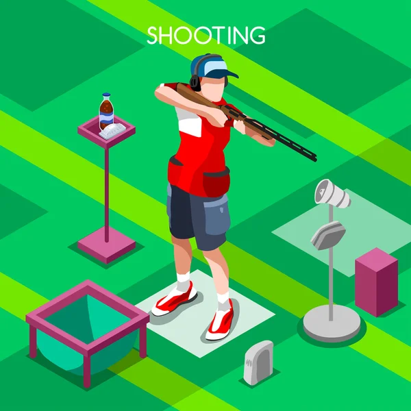 Atıcı Oyuncu Yaz Oyunları Simge Set.3d İzometrik Shooter Athlete.Sporting Şampiyonası Uluslararası Çekim Yarışması.Spor Infographic Çekim