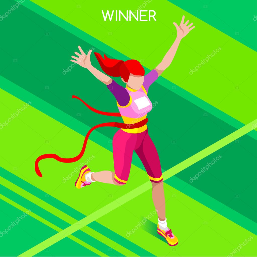 Olympic Rio Brasil 2016 Running Winning Woman Athletics 2016 Summer Games Icon Set.Win Concept.3D Isometric Win Runner Athlete.Sport of Athletics Sporting Competition.Sport Infographic Track Field Vector Illustration