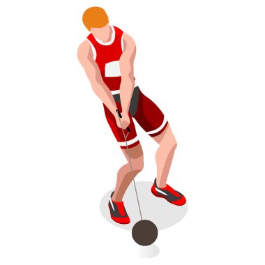 Olimpiyatlar Atletizm Hammer Throw Yaz Oyunları Simge Set.3d İzometrik Atlet.Sporting Şampiyonası Uluslararası Yarışması.Olimpiyatları Spor Infographic Hammer Throw Atletizm Vektör İllüstrasyon