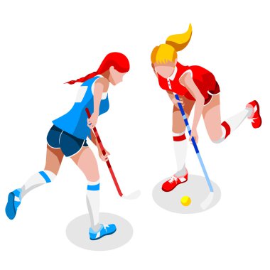 Olimpiyatlar Alan Hokeykız Oyuncu Yaz Oyunları Simge Set.3d İzometrik Field Hockey.Sporting Şampiyonası Uluslararası Kadın Çim Hokeyi Yarışması.Olimpiyatlar Spor Infographic Field Hockey Vektör İllüstrasyon