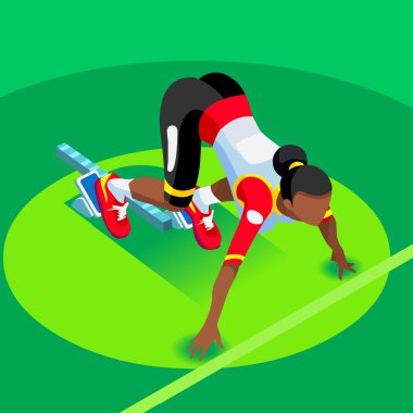 Sprinter Runner Atlet Başlangıç Hattı Atletizm Yarışı Start Yaz Oyunları Icon Set.3d Düz İzometrik Spor Atletizm Runner Atlet Start Blocks.Olympics Spor Infographic Vektör Image.
