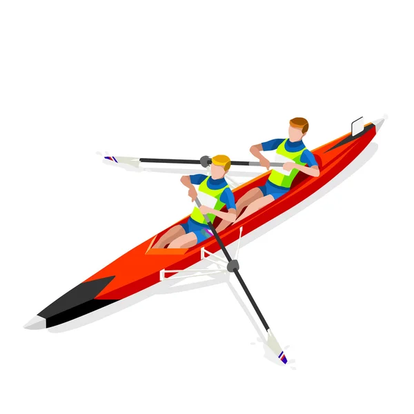 Olympics Canoe Sprint Rowing Coxless Pair Summer Games Icon Set.3D Isometric Canoeist Paddler.Rowing Canoe Coxless Pair Sporting Competition Race.Olympics Sport Infographic Canoe Rowing Vector Illustration - Stok Vektor