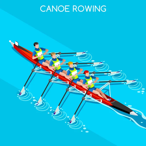 Olympics Canoe Rowing Quadruple Sculls Summer Games Icon Set.3D Isometric Canoeist Paddler.Rowing Canoe Quadruple Sculls Sporting Competition Race.Olympics Sport Infographic Canoe Rowing Vector Illustration — Stock Vector