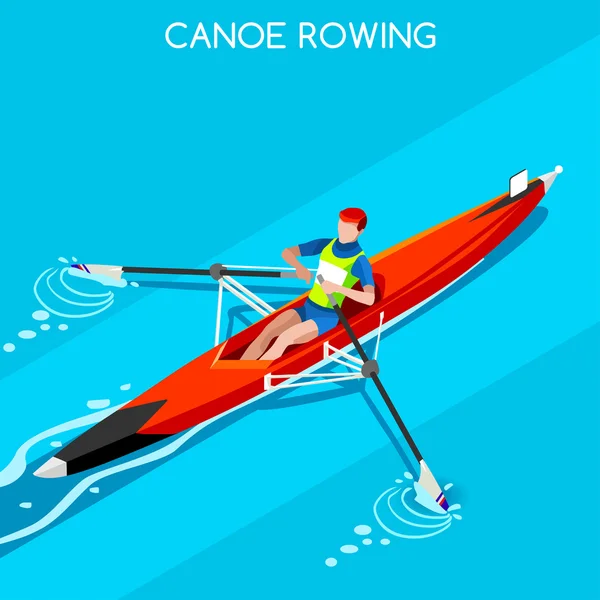 Olympische kano roeien enkele zomer games icon set. 3D Isometrische Canoeist Paddler. roeien Kano Single Paddler sportieve competitie race. Olympische sport infographic kano roeien vector illustratie — Stockvector