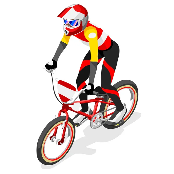 Olympijské hry BMX cyklist cyklistický atlet letní hrátky ikona set. BMX cyklistický koncept. 3D izometrická sportovní soutěž BMX cyklistická hra. olympijské Infografické Cykloturistika cyklistika závod vektor ilustrace. — Stockový vektor