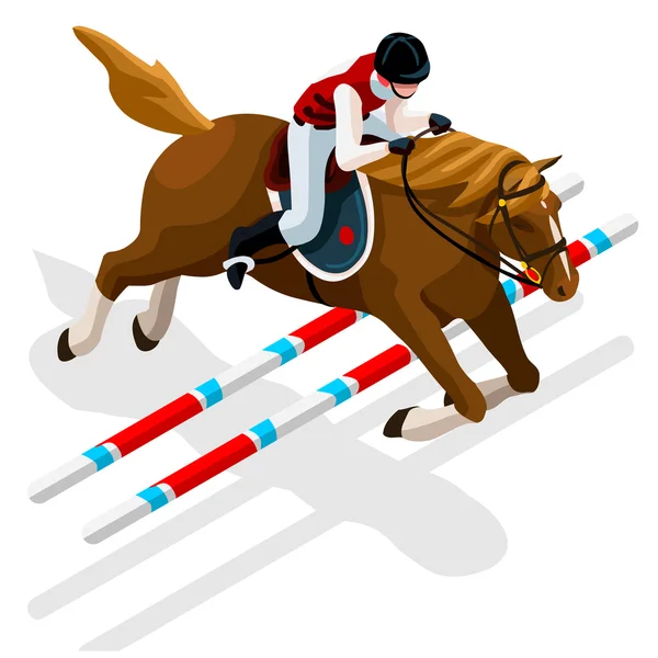 ऑलिंपिक इक्वेस्ट्रियन इव्हेंट ग्रीष्मकालीन खेळ चिन्ह सेट. 3D आयसोमेट्रिक जॉकी आणि घोडा जंप स्पोर्टिंग स्पर्धा. ऑलिंपिक स्पोर्ट इन्फोग्राफिक इक्वेस्ट्रीन इव्हेंट वेक्टर इलस्ट्रेशन — स्टॉक व्हेक्टर