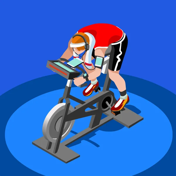 Motionscykel spinning Fitness klass. 3D platt isometrisk spinning Fitness cykel. Gym klass träna Cykling inomhus motionscykel gym cykling fitnessutrustning. Gym cykel för cykling vektorbild. — Stock vektor