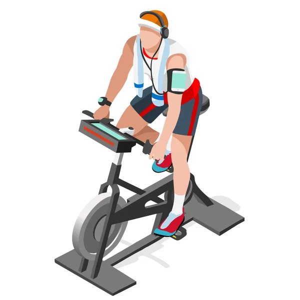 Exercise Bike Spinning Fitness Class.3D Flat Isometric Spinning Fitness Bike. Gym Class Working Out Cycling Indoor Exercise Bike Gym Cycling Fitness Equipment. Gym Bike for Cycling Vector Image. — Stock Vector