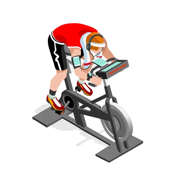 Bicicleta estática Spinning Fitness Class.3D Flat Isométrica Spinning Fitness Bike. Gimnasio Clase Entrenamiento Ciclismo Bicicleta de ejercicio interior Gimnasio Ciclismo Fitness Equipment. Bicicleta de gimnasio para ciclismo imagen vectorial . — Vector de stock