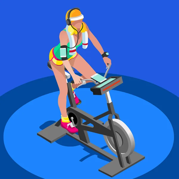 Motionscykel spinning Fitness klass. 3D platt isometrisk spinning Fitness cykel. Gym klass träna Cykling inomhus motionscykel gym cykling fitnessutrustning. Gym cykel för cykling vektorbild. — Stock vektor