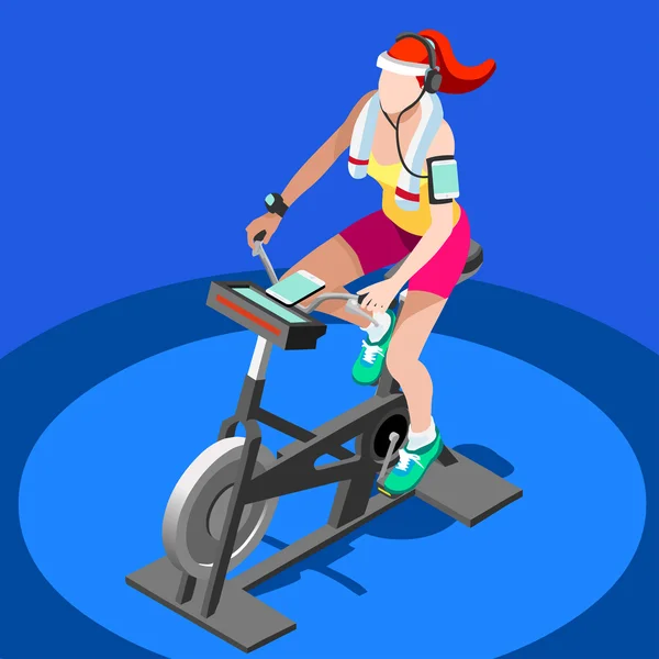 Motionscykel spinning Fitness klass. 3D platt isometrisk spinning Fitness cykel. Gym klass träna Cykling inomhus motionscykel gym cykling fitnessutrustning. Gym cykel för cykling vektorbild. — Stock vektor