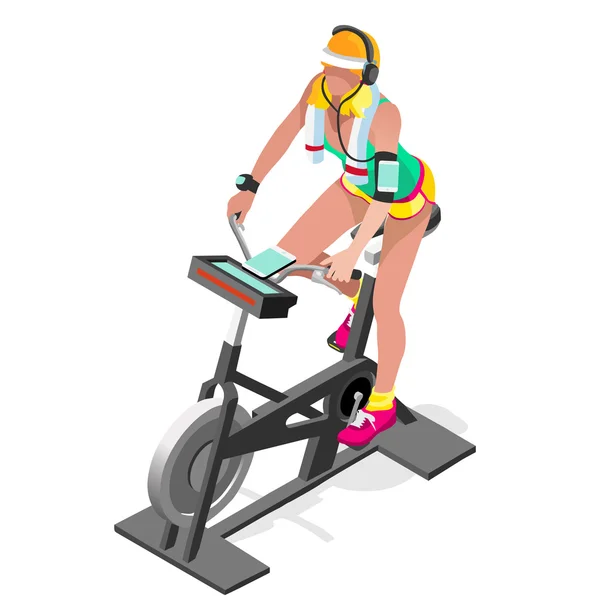 Ćwiczenie rower Spinning fitness Klasa. 3D płaski izometryczny Spinning fitness Bike. Siłownia Klasa praca na rowerze Indoor ćwiczenia rower siłownia Kolarstwo fitness sprzęt. Siłownia rower na rowerze wektor obrazu. — Wektor stockowy