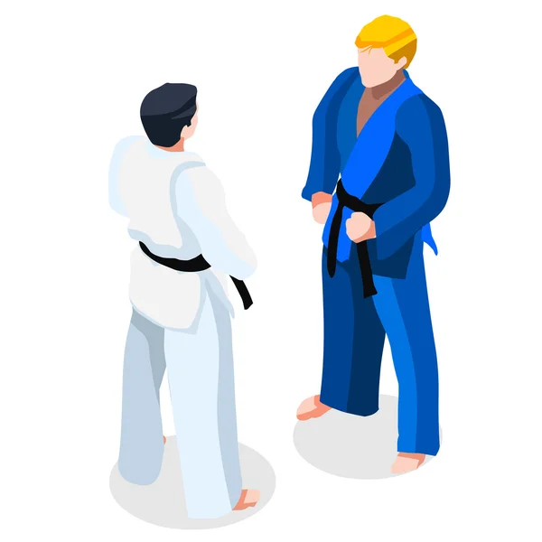Olympics Judo Karate kamp sommar spel Ikonuppsättning. 3D Isometrisk Fighting idrottare. Sporting Championship International Martial Arts match konkurrens. Olympics sport infographic Judo kamp vektor illustration — Stock vektor