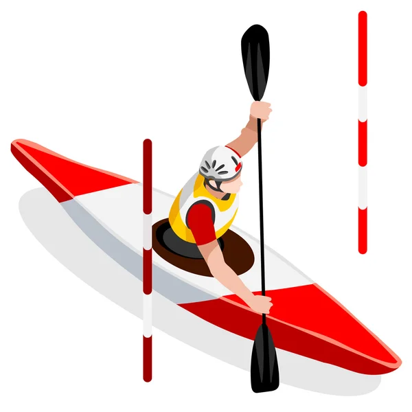 Olympische kajak slalom kano zomer spelletjes icon set. 3D Isometrische Canoeist Paddler. slalom kajak sportieve competitie race. Olympische sport infographic kajak slalom vector illustratie — Stockvector