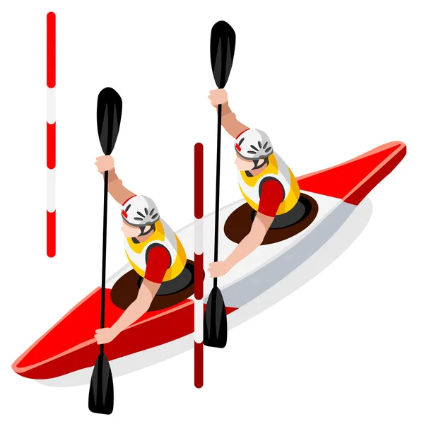 Olympische kajak slalom doubles kano zomer spelletjes icon set. 3D Isometrische Canoeist Paddler. slalom kajak sportieve competitie race. Olympische sport infographic kajak slalom vector illustratie — Stockvector