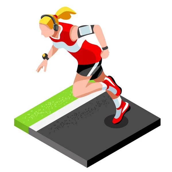 Maratonlöpare atletisk träning tränar gym. Löpare som kör friidrott Race tränar för internationella mästerskapet konkurrens. 3D platt isometrisk Marathon gym utbildning vektorbild. — Stock vektor