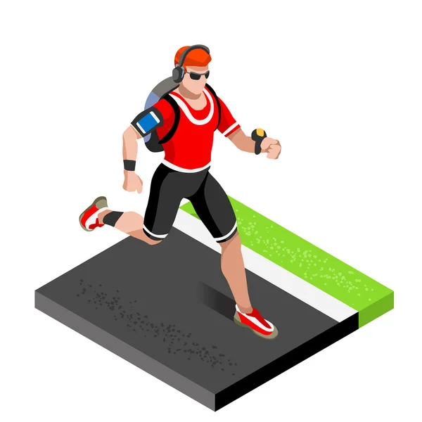 Marathon Runners Athletic Training Working Out Gym. Corredores Correr Carrera de atletismo Trabajando para la competencia de campeonato internacional. Imagen vectorial de entrenamiento de gimnasio de maratón isométrico plano 3D . — Vector de stock