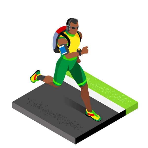Maratoni futók atlétikai edzés munka out tornaterem. Az atlétikai verseny a nemzetközi bajnokság versenyén működik. 3D Flat izometrikus maraton tornaterem képzés Vector Image. — Stock Vector