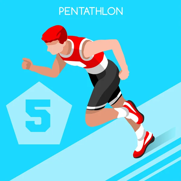 Olympische Zomerspelen Pentathlon icon set. 3D Isometrische atleet Pentathlete. moderne vijfkamp Running zwemmen schieten schermen Paardensport sportieve competitie. Olympische sport infographic Pentathlon vector afbeelding — Stockvector
