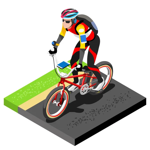 Rennradfahrer bei der Arbeit. 3d flacher isometrischer Radfahrer auf dem Fahrrad. Outdoor-Training für Rennradübungen. Radfahrrad für Radfahrer Sportler, der Trainingsvektorbild erarbeitet. — Stockvektor