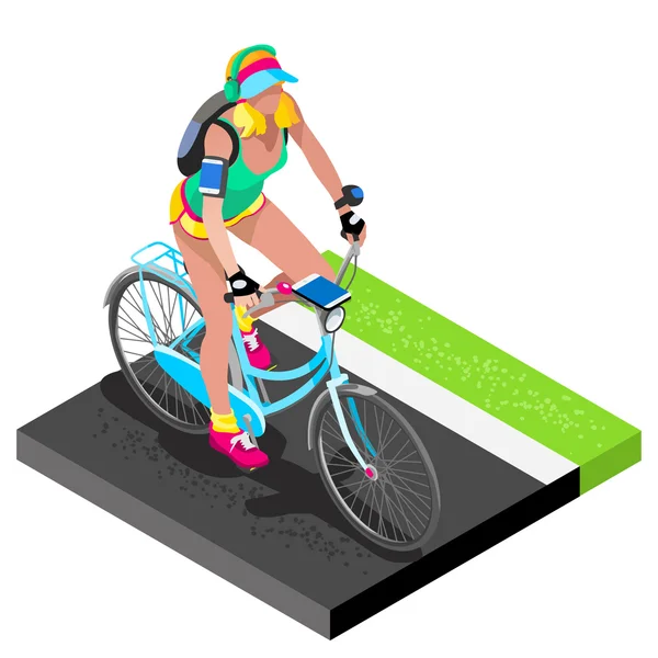 Ciclista de Ciclismo de Estrada Trabalhando Fora. Ciclista Isométrico Plano 3D na Bicicleta. Exercícios de ciclismo de estrada ao ar livre. Bicicleta de ciclismo para atleta ciclista Trabalhando fora formação Vector Image . — Vetor de Stock