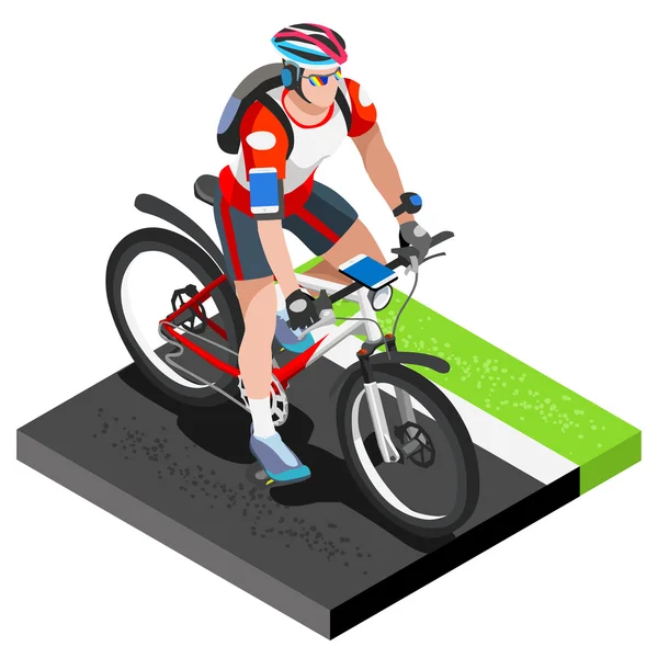 Ciclismo de Carretera Trabajando. 3D Flat Isométrico Ciclista en Bicicleta. Ejercicios de ciclismo de carretera al aire libre. Bicicleta de ciclismo para ciclista atleta Entrenamiento Vector Image . — Vector de stock