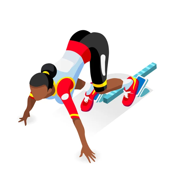 (Inggris) Sprinter Runner Athlete di Starting Line Athletics Race Start Summer Games Icon Set.3D Flat Isometric Sport of Athletics Runner Athlete at Starting Blocks.Olympics Sport Infographic Vector . - Stok Vektor