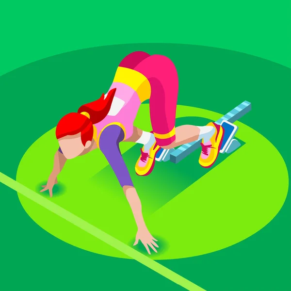 Σπρίντερ δρομέα αθλητής κατά την έναρξη γραμμή στίβος αγώνα Ξεκινήστε το καλοκαίρι παιχνίδι εικονίδιο σετ. 3D επίπεδη ισομετρικό άθλημα του αθλητισμού δρομέας δρομέα στο ξεκίνημα μπλοκ. Ολυμπιακοί Αγώνες γραφικών διανυσματικών γραφημάτων. — Διανυσματικό Αρχείο