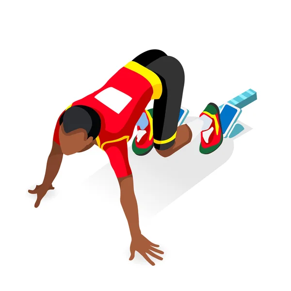 Sprinter Runner Athlete at Starting Line Athletics Race Start Summer Games Icon Set.3D Flat Isometric Sport of Athletics Runner Athlete at Starting Blocks.Olympics Sport Infographic Vector Image. — Stock Vector