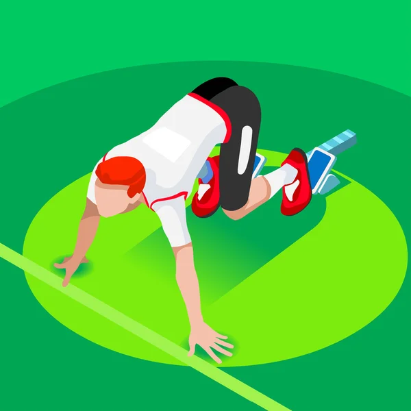 Sprinter runner atleet op startlijn Atletiek race start zomer games icon set. 3D vlakke isometrische sport van atletiek runner atleet op startblokken. Olympische sport infographic vector afbeelding. — Stockvector