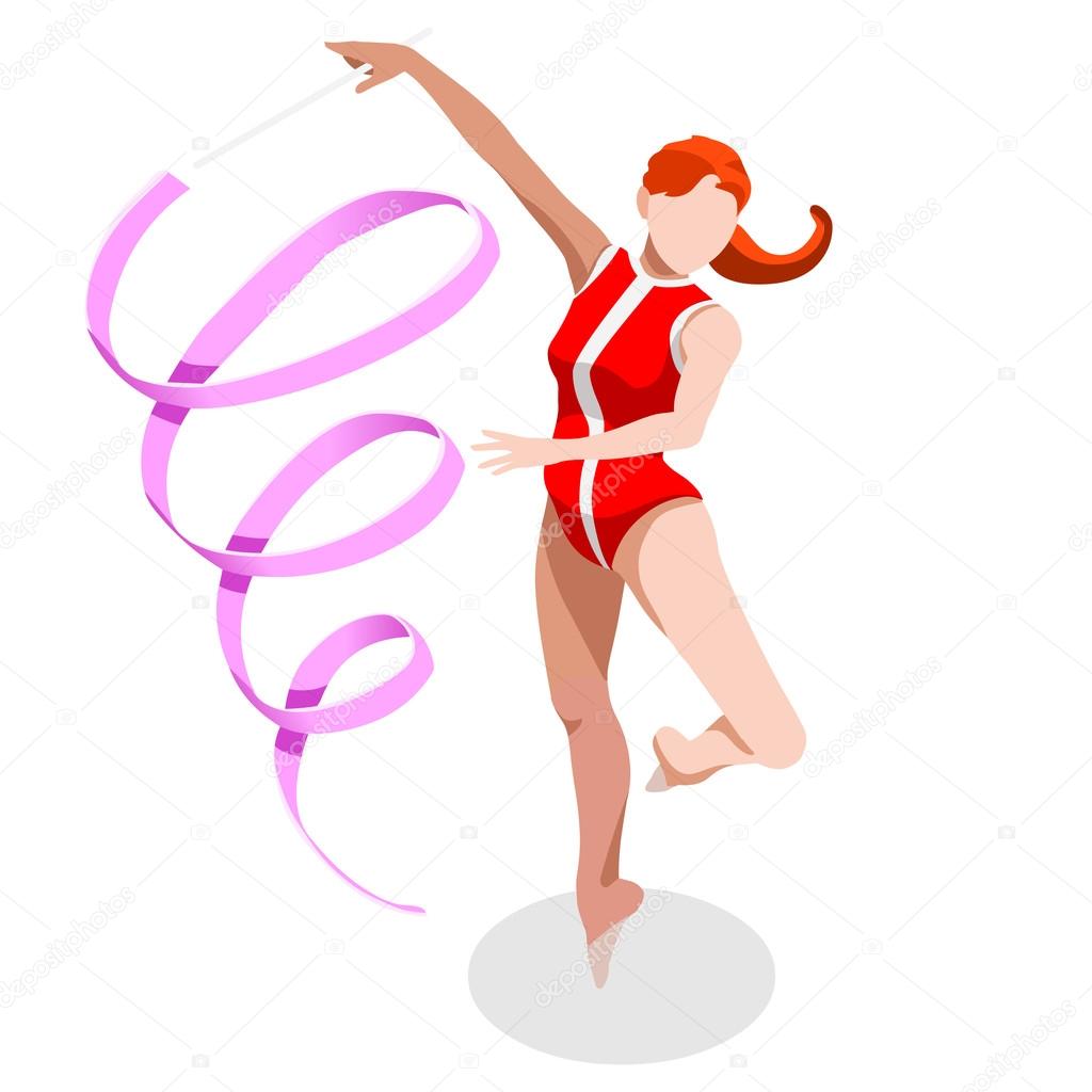 Olympics Rhythmic Gymnastics Ribbon Summer Games Icon Set.3D Isometric Gymnast.Sporting Championship International Competition.Olympics Sport Infographic Rhythmic Gymnastics Vector Illustration
