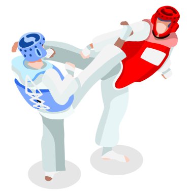 Taekwondo Yaz Oyunları Simge Set.3d Izometrik Atlet.Sporting Şampiyonası Uluslararası Martial Art Competition.Olympics Spor Infografik Taekwondo Vektör İllüstrasyon