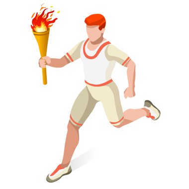 Olimpiyatlar Torchbearer Röle Koşu Adam Yaz Oyunları Simge Set.Speed Concept.3d İzometrik Atlet.Sporting Competition.Olympics Spor Infographic Torchbearer Vektör İllüstrasyon.