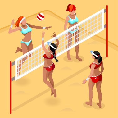 Beach Volley Player Sports Icon Set.3D Isometric Beach Volleyball.Sporting Championship International Beach Volley Competition.Olympics Sport Infographic Volley Vector Illustration clipart