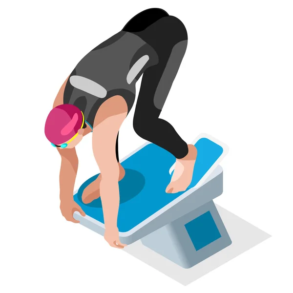 Yüzme Serbest Stil Yaz Oyunları Simge Set.3d İzometrik Yüzücü.Kurbağalama Sırtüstü Kelebek Röle Spor Yarışması Race.Olympics Spor Infografik Yüzme Vektör İllüstrasyon — Stok Vektör