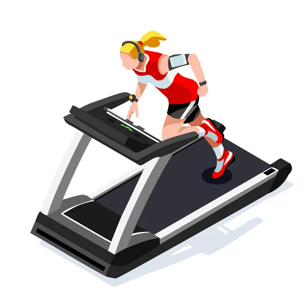 Treadmill Gym Class Working Out. Equipamento de ginástica Esteira de corrida homem branco atleta corredores trabalhando para fora da classe de ginástica. 3D Plano Isométrico Maratona Corredores atleta formação Vector Imagem . — Vetor de Stock